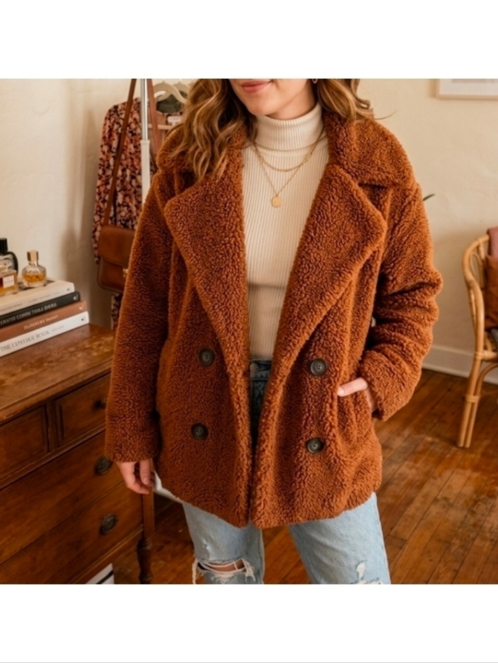 ​Free People Oversized Teddy Sherpa Double Breasted Jacket Brown S (Inner Piling